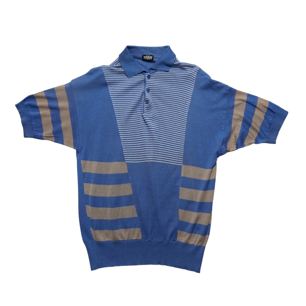 Vintage Modigliani Knit Polo Shirt Mens 48‎ Blue Striped Made in Italy 90s Retro